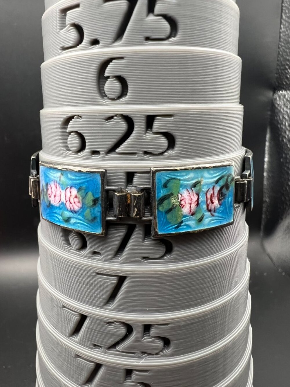 Vintage Sterling Silver Guilloche Panel Link Bracelet 19.9g Pink Roses 6.5" - Picture 11 of 13